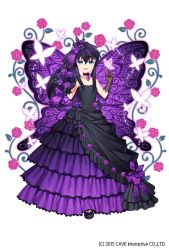 Rule 34 | 1girl, :d, bare shoulders, black choker, black dress, blue eyes, bouquet, bow, brown gloves, bug, butterfly, butterfly hair ornament, butterfly wings, choker, dress, flower, footwear bow, frilled dress, frills, gloves, gothic wa mahou otome, hair between eyes, hair ornament, hair ribbon, hands up, highres, holding, holding flower, insect, insect wings, jenevan, long dress, long hair, looking at viewer, official art, open mouth, purple bow, purple dress, purple flower, purple hair, ribbon, rose, shoes, smile, solo, standing, veil, watermark, wings