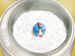 Rule 34 | 00s, 1girl, binchou-tan, binchou-tan (character), blush, cup, ekusa takahito, food, food on face, in container, in cup, in food, mini person, minigirl, personification, rice, rice cooker, short hair, solo