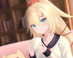 Rule 34 | 1girl, akai haato, akai haato (casual), bad id, bad pixiv id, blonde hair, blush, book, bookshelf, bow, breasts, coffee mug, collarbone, couch, cup, frown, green eyes, hair ornament, hair tie, hairclip, high ponytail, highres, holding, holding cup, hololive, lanta s, large breasts, long sleeves, looking at viewer, mug, ponytail, red bow, red scrunchie, sailor collar, scrunchie, shirt, solo, stuffed animal, stuffed toy, upper body, virtual youtuber, white shirt