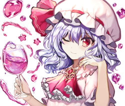 Rule 34 | 1girl, ;), absurdres, ascot, blue hair, blush, brooch, commentary request, cup, dress, drinking glass, frilled ascot, frilled shirt collar, frills, fuepo, hair between eyes, hands up, hat, hat ribbon, highres, holding, holding cup, jewelry, one eye closed, pink dress, red ascot, red eyes, red ribbon, remilia scarlet, ribbon, short hair, simple background, smile, solo, touhou, upper body, white background, white hat