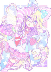 Rule 34 | 1girl, alternate costume, american flag jacket, american flag legwear, american flag print, bandaid, bandaid on face, bandaid on nose, blonde hair, blue bow, blue eyes, blue nails, blush, bow, bow choker, cake, candy, checkered clothes, checkered skirt, clownpiece, commentary request, cowboy shot, food, food print, hand on own head, hand up, heart, heart print, highres, hood, hooded jacket, jacket, kyouda suzuka, long hair, long sleeves, looking at viewer, nail polish, open mouth, pastel colors, pink bow, pink nails, pink skirt, polka dot, polka dot bow, print jacket, purple bow, red bow, shirt, skirt, solo, star (symbol), star print, strawberry print, striped, striped bow, thighhighs, touhou, white shirt, wrapped candy, yellow nails, yume kawaii