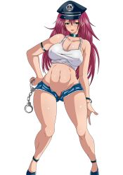Rule 34 | 1girl, breasts, capcom, cuffs, final fight, handcuffs, hat, highres, large breasts, long hair, midriff, navel, pink hair, poison (final fight), short shorts, shorts, solo, tank top