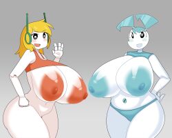 Rule 34 | 2girls, absurdres, black eyes, blonde hair, blue hair, blue nipples, blue panties, breasts, cleft of venus, colored nipples, colored skin, curly brace, doukutsu monogatari, duskyer, female focus, gigantic breasts, highres, jenny wakeman, large areolae, long hair, looking at viewer, multiple girls, my life as a teenage robot, navel, no humans, nude, panties, plump, pussy, red nipples, robot, standing, thick thighs, thighs, underwear, white skin, wide hips