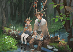 Rule 34 | 1boy, 1girl, absurdres, age difference, animal ears, antlers, bad id, bad pixiv id, belt, bird, blue ribbon, book, boots, unworn boots, brown footwear, brown hair, buttons, cloak, denqyellow, eye contact, eyelashes, flower, flower request, foot dangle, forest, fur, glasses, grass, hair flower, hair ornament, height difference, highres, holding, horn ornament, horns, leaf, log, long sleeves, looking at another, moss, mushroom, nature, neck ribbon, open book, original, outdoors, pants, pantyhose, pantyhose under shorts, pince-nez, plant, pointing, pond, red eyes, reflection, ribbon, round eyewear, shirt, shoes, short hair, shorts, sitting, soaking feet, tree, very short hair, water, white flower, white pantyhose, white shirt