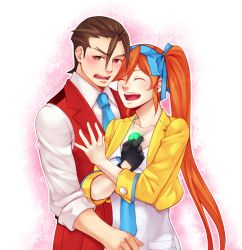 Rule 34 | 1boy, 1girl, ace attorney, apollo justice, athena cykes, black gloves, blue bow, blue necktie, bow, brown eyes, brown hair, closed eyes, collarbone, couple, gloves, hair bow, hairband, hetero, janelle, jewelry, long hair, necklace, necktie, open mouth, orange hair, phoenix wright: ace attorney - dual destinies, shirt, side ponytail, single glove, smile, white shirt