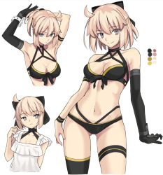 Rule 34 | 1girl, absurdres, ahoge, bare shoulders, bikini, black bikini, black bow, black gloves, black thighhighs, blonde hair, bow, breasts, cleavage, elbow gloves, fate/grand order, fate (series), gloves, hair bow, half updo, highleg, highleg bikini, highres, large breasts, looking at viewer, multi-strapped bikini, multiple views, okita j. souji (fate), okita souji (fate), short hair, single glove, smile, swimsuit, thigh strap, thighhighs, thighs, wristband, yellow eyes, yuchio