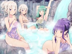 Rule 34 | 4girls, arm up, bare shoulders, breasts, cleavage, cliff, collarbone, covering privates, emilia (re:zero), fence, green hair, hair bun, hand on own arm, hand on own thigh, head rest, highres, large breasts, leaning forward, long hair, looking at viewer, lyra (re:zero), multiple girls, naked towel, nude cover, onsen, outdoors, pointy ears, purple eyes, purple hair, re:zero kara hajimeru isekai seikatsu, re:zero kara hajimeru isekai seikatsu: lost in memories, satella (re:zero), shion (re:zero), sitting, steam, thighs, towel, water, waterfall, wet towel, white hair, wooden fence, yellow eyes, zerobarto