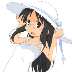 Rule 34 | 1girl, armpits, bare shoulders, black eyes, black hair, collarbone, dress, glasses, hands on headwear, hat, leaning back, long hair, looking at viewer, minakami mai, nichijou, open mouth, simple background, solo, straw hat, sundress, tomboo, white background