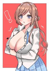 Rule 34 | !, 1girl, :o, blue skirt, blush, breasts, brown hair, cleavage, gakuen idolmaster, grey eyes, highres, himesaki rinami, idolmaster, large breasts, long hair, looking at object, neck ribbon, partially unbuttoned, pleated skirt, popped button, red background, ribbon, shimesaba (nox8985), shirt, simple background, skirt, solo, two-tone background, undone neck ribbon, very long hair, white shirt