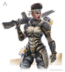 Rule 34 | 1girl, alternate costume, apex legends, armor, bangalore (apex legends), black eyes, brown hair, brown scarf, camouflage, camouflage pants, commentary, cowboy shot, dark-skinned female, dark skin, english commentary, g7 scout, gloves, grey gloves, gun, holding, holding gun, holding weapon, looking to the side, michal salata, over shoulder, pants, realistic, rifle, scarf, science fiction, short hair, solo, weapon, weapon over shoulder, white background