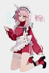 Rule 34 | 1girl, absurdres, adapted costume, alternate costume, apron, boots, charlotte (genshin impact), feathers, genshin impact, gold trim bow, grey background, highres, jacket, jewelry, long sleeves, maid apron, maid headdress, merry-san, monocle, open mouth, pink hair, puffy long sleeves, puffy sleeves, red footwear, red shorts, short hair, shorts, simple background, solo, track jacket, track suit, white trim bow