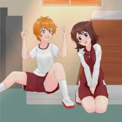 Rule 34 | 2girls, bang dream!, between legs, blue panties, blush, breasts, brown hair, clenched hands, collarbone, embarrassed, female focus, full body, gym uniform, hair ornament, hairclip, hand between legs, hands up, have to pee, highres, jacket, kitazawa hagumi, kneeling, legs together, long sleeves, multiple girls, nose blush, open mouth, orange hair, own hands together, panties, panty peek, peeing, peeing self, purple eyes, raglan sleeves, red eyes, red footwear, red jacket, red shorts, sen no yugami, shirt, shoes, short hair, short sleeves, shorts, sitting, skindentation, small breasts, socks, spread legs, striped clothes, striped panties, surprised, textless version, toyama kasumi, track jacket, trembling, underwear, upshorts, v arms, wet, wet clothes, white legwear, white shirt, zipper, zipper pull tab