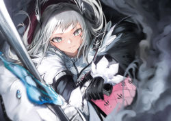 Rule 34 | 1girl, arknights, black gloves, blush, capelet, chinese commentary, closed mouth, commentary request, dual wielding, earrings, from above, gloves, green eyes, grey hair, gun, head wings, highres, holding, holding gun, holding sword, holding weapon, irene (arknights), jewelry, long hair, long sleeves, looking at viewer, looking up, pink skirt, rapier, scar, scar across eye, scar on face, skirt, smoke, solo, sword, v-shaped eyebrows, water, weapon, white capelet, wings, wo chi xiangjiao pi