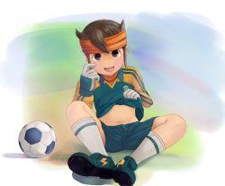 Rule 34 | 1boy, ball, brown eyes, brown hair, clothes lift, endou mamoru, gloves, gradient background, headband, highres, inazuma eleven, inazuma eleven (series), male focus, shirt lift, sitting, soccer ball, solo