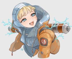 Rule 34 | 1girl, animification, apex legends, blue bodysuit, blue headwear, blush, bodysuit, commentary, electricity, facial scar, freckles, grey background, hood, hooded jacket, jacket, open mouth, orange jacket, ribbed bodysuit, scar, scar on cheek, scar on face, shimijimi, smile, solo, symbol-only commentary, upper body, wattson (apex legends)
