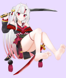Rule 34 | 1girl, artist name, bare legs, barefoot, bell, black kimono, collarbone, commentary request, double bun, fang, feet, foreshortening, frilled sleeves, frills, full body, gold trim, gradient hair, grey hair, hair bell, hair bun, hair ornament, hand up, highres, holding, holding sword, holding weapon, hololive, horns, invisible chair, japanese clothes, jingle bell, katana, kimono, knees together feet apart, legs, long hair, long sleeves, multicolored hair, nakiri ayame, nakiri ayame (1st costume), off shoulder, oni, pink hair, purple background, red eyes, red hair, short kimono, sidelocks, simple background, sitting, skin-covered horns, soles, solo, streaked hair, sword, tamagotozi3420, teeth, thighs, toes, two side up, virtual youtuber, weapon