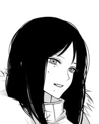 Rule 34 | 1girl, ateoyh, bad id, bad pixiv id, black hair, chainsaw man, chinese commentary, commentary request, greyscale, light smile, long hair, looking to the side, mole, mole on cheek, mole under eye, mole under mouth, monochrome, open mouth, santa claus (chainsaw man), simple background, smile, solo, upper body, white background