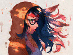 Rule 34 | 1girl, :p, artist name, black-framed eyewear, black hair, breasts, brown eyes, cleavage, collarbone, feathers, from side, glasses, grey background, headband, hood, hoodie, jewelry, long hair, nana nakano, neck ring, open clothes, open hoodie, original, portrait, shirt, simple background, solo, tongue, tongue out, upper body, white shirt