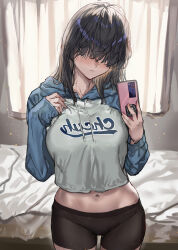 Rule 34 | 1girl, black hair, blush, cellphone, closed mouth, commentary request, cowboy shot, freckles, hair over eyes, highres, holding, holding phone, indoors, long sleeves, medium hair, navel, original, phone, ran&#039;ou (tamago no kimi), smartphone, solo, sweater