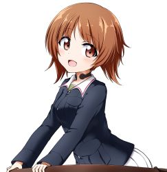 Rule 34 | 1girl, arm support, blue jacket, brown eyes, brown hair, commentary, girls und panzer, green shirt, highres, jacket, kuena, leaning forward, long sleeves, looking at viewer, military, military uniform, nishizumi miho, ooarai military uniform, open mouth, pleated skirt, shirt, short hair, simple background, skirt, smile, solo, tank cupola, throat microphone, uniform, upper body, white background, white skirt