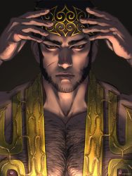Rule 34 | 1boy, artist name, bara, beard, black eyes, black hair, braid, broad shoulders, chest hair, close-up, crown, crown braid, facial hair, golden kamuy, hairy, hand on own head, large pectorals, light, light rays, looking at viewer, male focus, manly, muscular, muscular male, nipples, nopinzo, pectoral cleavage, pectorals, scar, scar on face, scarf, short hair, solo, tanigaki genjirou, thick eyebrows, upper body