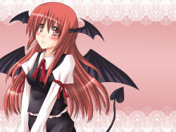 Rule 34 | 1girl, armband, bat wings, demon tail, dotera, dress shirt, embodiment of scarlet devil, female focus, hanazome dotera, head wings, koakuma, lace background, long hair, long sleeves, red eyes, red hair, shirt, simple background, skirt, skirt set, solo, tail, touhou, v arms, vest, wings