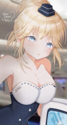 Rule 34 | 1girl, aircraft, airplane, airplane interior, blonde hair, blue eyes, blurry, blurry background, breasts, character name, cleavage, collarbone, dress, english text, flight attendant, hat, highres, hololive, hololive english, large breasts, mini hat, mole, mole on breast, nyu-tan94, sleeveless, sleeveless dress, solo, strapless, strapless dress, travel attendant, virtual youtuber, watson amelia