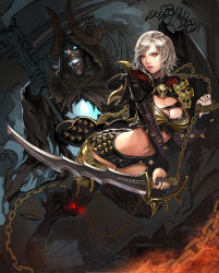 Rule 34 | 1girl, absurdres, boots, breasts, chain, cherrylich, cleavage, club (weapon), daeho cha, glowing, glowing eyes, glowing mouth, highres, horns, large breasts, lips, mabinogi, mabinogi heroes, midriff, original, red eyes, scythe, short hair, short shorts, shorts, silver hair, skull, sword, thigh boots, thighhighs, unfinished, vella (mabinogi), weapon