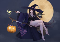Rule 34 | 1girl, akagi (warship girls r), alternate costume, babydoll, black babydoll, black hair, breasts, broom, broom riding, candy, candy wrapper, collarbone, food, halloween, halloween bucket, halloween costume, hat, highres, holding water, jack-o&#039;-lantern, japanese clothes, kimono, large breasts, lollipop, long hair, niejianli, open clothes, open kimono, purple kimono, red eyes, sidesaddle, very long hair, warship girls r, wide sleeves, witch, witch hat