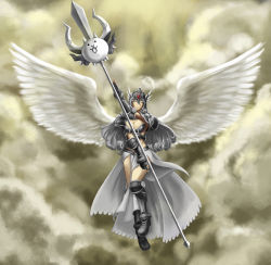Rule 34 | 1girl, absurdres, angel wings, armor, armored dress, breasts, cat (battle cats), cleavage, cloud, dress, closed eyes, full body, grey dress, grey hair, handi, helmet, highres, jason7410, large breasts, long hair, nyanko daisensou, polearm, shoulder pads, sky, solo, spear, thighs, valkyrie, valkyrie cat, weapon, wings