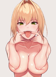 Rule 34 | 1girl, ahoge, bad anatomy, blonde hair, blush, breasts, cocq taichou, fate/extra, fate (series), finger in own mouth, green eyes, hair between eyes, hair intakes, large breasts, long hair, looking at viewer, nero claudius (fate), nero claudius (fate) (all), nero claudius (fate/extra), nude, open mouth, smile, tongue, tongue out