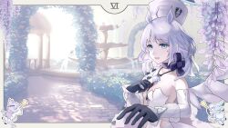 Rule 34 | 1girl, aein, arbiter the lovers vi (azur lane), azur lane, bad source, blue eyes, breasts, commission, fountain, garden, gloves, hat, highres, jewelry, long sleeves, necklace, outdoors, pov, purple hair, ring, short hair, siren (azur lane), skeb commission, small breasts, smile, wings