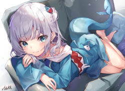 Rule 34 | 1girl, barefoot, blue dress, blue eyes, blue jacket, blunt bangs, blush, closed mouth, couch, crossed ankles, crossed arms, dress, fins, fish tail, gawr gura, gawr gura (1st costume), grey hair, hair ornament, head rest, highres, hololive, hololive english, hood, hoodie, jacket, long hair, long sleeves, looking at viewer, lying, matutoki nara05, on stomach, shark tail, signature, simple background, sleeves past wrists, smile, solo, tail, thighs, virtual youtuber, white background, white hair