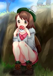 Rule 34 | 1boy, 1girl, backpack, bag, blush, boots, brown eyes, brown hair, cardigan, creatures (company), dress, embarrassed, full body, game freak, gloria (pokemon), hat, hiding, holding, holding poke ball, knees together feet apart, nintendo, ossannoa, outdoors, panties, poke ball, pokemon, pokemon swsh, short dress, socks, solo focus, squatting, tam o&#039; shanter, underwear