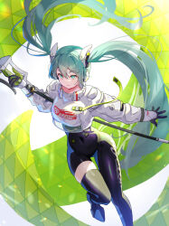 Rule 34 | 1girl, aqua eyes, aqua hair, asymmetrical bodysuit, black bodysuit, black gloves, bodysuit, boots, breasts, closed mouth, commentary, covered navel, cropped jacket, flag, flagpole, foot out of frame, gloves, green flag, green gloves, hair between eyes, hatsune miku, highres, holding, holding flag, holding pole, jacket, kurohanesawa, large breasts, long hair, long sleeves, looking at viewer, pole, racing miku, racing miku (2022), single leg bodysuit, single thigh boot, smile, solo, text print, thigh boots, twintails, two-tone gloves, very long hair, vocaloid, white jacket