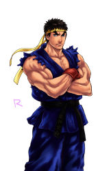 Rule 34 | 1boy, alternate color, belt, brown hair, capcom, cowboy shot, crossed arms, dougi, eyebrows, f-15jrs, frown, gloves, grey eyes, headband, male focus, martial arts belt, muscular, ryu (street fighter), short hair, simple background, solo, street fighter, thick eyebrows, white background