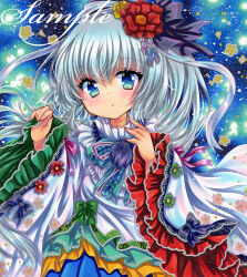 Rule 34 | 1girl, blue eyes, embellished costume, floral print, flower, frills, grey hair, hair flower, hair ornament, hands up, japanese clothes, long hair, long sleeves, looking at viewer, marker (medium), mononobe no futo, parted lips, red flower, ribbon, rui (sugar3), sample watermark, solo, touhou, traditional media, watermark, wide sleeves