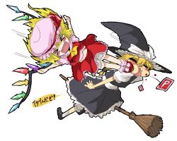 Rule 34 | &gt; &lt;, 2girls, = =, artist request, blonde hair, blood, blush, broom, closed eyes, fang, female focus, flandre scarlet, hat, kicking, kirisame marisa, multiple girls, power-up, short hair, smile, touhou, translated, wings, witch, witch hat