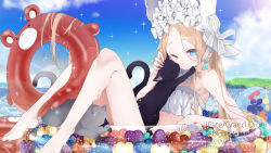Rule 34 | 1girl, abigail williams (fate), abigail williams (swimsuit foreigner) (fate), abigail williams (swimsuit foreigner) (third ascension) (fate), artist name, bare shoulders, bikini, black cat, blonde hair, blue eyes, blue sky, blush, bonnet, bow, breasts, cat, character name, copyright name, dated, day, fate/grand order, fate (series), feixiang c, forehead, hair bow, highres, innertube, legs, long hair, miniskirt, navel, ocean, one eye closed, parted bangs, sidelocks, skirt, sky, small breasts, smile, sparkle, swim ring, swimsuit, twintails, very long hair, wet, white bikini, white bow, white headwear