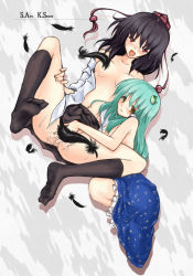 Rule 34 | 2girls, :d, bed sheet, black hair, black legwear, blush, breasts, censored, clothed sex, clothes lift, convenient censoring, feathers, feet, female focus, fingering, frog hair ornament, green hair, hair ornament, happy sex, hat, kochiya sanae, leg grab, legs up, long hair, looking at viewer, lying, multiple girls, no bra, no panties, nose blush, on back, on bed, on side, open clothes, open mouth, open shirt, piromizu, pussy juice, red eyes, shameimaru aya, shirt, skirt, skirt lift, smile, socks, spread legs, straight hair, tokin hat, topless, touhou, yellow eyes, yuri