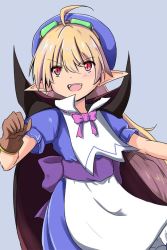 Rule 34 | 1girl, apron, blonde hair, blue hat, cape, commentary request, curly hair, dress, fang, gloves, goggles, goggles on head, hat, hinomoto (hinomoto2), long hair, marivel armitage, open mouth, pointy ears, red eyes, ribbon, simple background, slit pupils, smile, solo, vampire, wild arms, wild arms 2