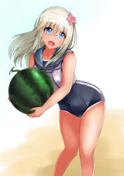 Rule 34 | 10s, 1girl, absurdres, bad id, bad pixiv id, blonde hair, blue eyes, crop top, flower, food, fruit, hair flower, hair ornament, highres, jwh, kantai collection, looking at viewer, one-piece swimsuit, one-piece tan, ro-500 (kancolle), sailor collar, school swimsuit, solo, swimsuit, swimsuit under clothes, tan, tanline, watermelon
