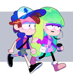 Rule 34 | 1boy, 1girl, blonde hair, blue eyes, blue vest, braces, brown hair, dipper pines, dress, earrings, eyeshadow, full body, gravity falls, hat, hime cut, hoop earrings, jacket, jewelry, long hair, makeup, open mouth, otoe (milkyboy inc.), pacifica northwest, purple eyeshadow, purple jacket, shoes, shorts, straight hair, strapless, strapless dress, toon (style), tube dress, vest, walking