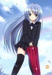 Rule 34 | 1girl, absurdres, black skirt, black thighhighs, blazer, blue hair, blush, closed mouth, closed umbrella, collared shirt, copyright request, day, green eyes, hair ornament, hairclip, highres, holding, holding umbrella, jacket, koi (koisan), long hair, outdoors, pleated skirt, rainbow, school uniform, shirt, skirt, smile, solo, sparkle, standing, thighhighs, umbrella, very long hair, water drop, white shirt, wing collar