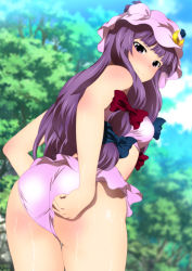 Rule 34 | 1girl, adjusting clothes, adjusting swimsuit, ass, bare legs, blush, breasts, closed mouth, cowboy shot, day, embarrassed, forest, from behind, hair ribbon, highres, legs, long hair, looking back, matching hair/eyes, nature, outdoors, patchouli knowledge, purple eyes, purple hair, ribbon, sky, small breasts, solo, standing, swimsuit, thighs, touhou, tree, yadokari genpachirou