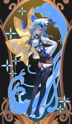 Rule 34 | 1girl, absurdres, arm up, black background, black footwear, black hairband, blue gloves, blue necktie, boots, border, breasts, cape, chest harness, clothing cutout, eula (genshin impact), from side, full body, genshin impact, gloves, hair ornament, hairband, hand on own hip, harness, highres, ktr (tpun2553), large breasts, leaning forward, long sleeves, looking at viewer, medium hair, necktie, ornate border, shoulder cutout, side cape, sidelocks, smile, solo, standing, thigh boots, white sleeves, wide sleeves, yellow cape, yellow eyes
