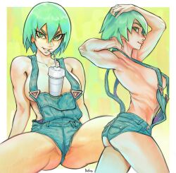 Rule 34 | 1girl, armpits, arms up, border, breasts, cowboy shot, cup, debirudude, drinking straw, foo fighters (jojo), green hair, hair between eyes, highres, jojo no kimyou na bouken, large breasts, looking at viewer, medium breasts, micro shorts, multiple views, naked overalls, object on breast, overall shorts, overalls, parted lips, profile, revealing clothes, short hair, shorts, sideboob, signature, smile, spread legs, stone ocean, suspenders, tawawa challenge, white border, yellow background