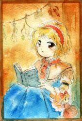 Rule 34 | 1girl, :|, alice margatroid, blonde hair, blue dress, book, capelet, closed mouth, dress, hairband, highres, holding, holding book, hourai doll, medinki, official style, open book, orange eyes, painting (medium), red hairband, short hair, sitting, touhou, traditional media, watercolor (medium), white capelet, zun (style)