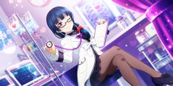 Rule 34 | 1girl, ;), absurdres, alternate hairstyle, around the world (love live!), artist name, artist request, blue hair, blush, bow, breasts, brown pantyhose, cardigan, chair, crossed legs, doctor, dress, female focus, glasses, hair ornament, hair over shoulder, hair scrunchie, highres, holding, indoors, long hair, long sleeves, looking at viewer, love live!, love live! school idol festival, love live! school idol festival all stars, love live! sunshine!!, low-tied long hair, nail, nail polish, on chair, one eye closed, pantyhose, parted lips, pink eyes, pink nails, purple dress, purple eyes, purple footwear, purple skirt, red scrunchie, scrunchie, shoes, sitting, skirt, smile, solo, tsushima yoshiko, white bow, white cardigan