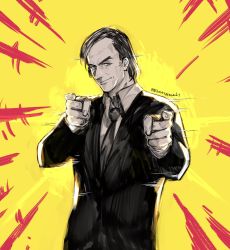 Rule 34 | &gt;:), 1boy, animification, artist name, better call saul, black eyes, black hair, black jacket, black necktie, black suit, breaking bad, collared shirt, commentary, double finger gun, english commentary, finger gun, formal, hands up, highres, jacket, long sleeves, looking at viewer, male focus, mature male, motion lines, necktie, pointing, pointing at viewer, saul goodman, shirt, short hair, signature, smirk, solo, standing, suit, upper body, v-shaped eyebrows, white shirt, yellow background, yourfreakyneighbourh